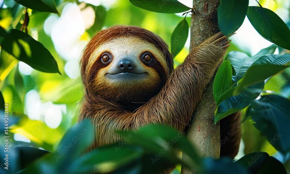 Curious sloth climbing a tree in the rainforest Curious sloth climbing a tree in the rainforest