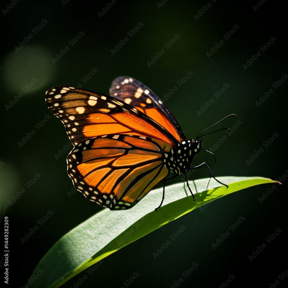 closeup of a monarch butterfly on a green leaf in a forest setting. closeup of a monarch butterfly on a green leaf in a forest setting.