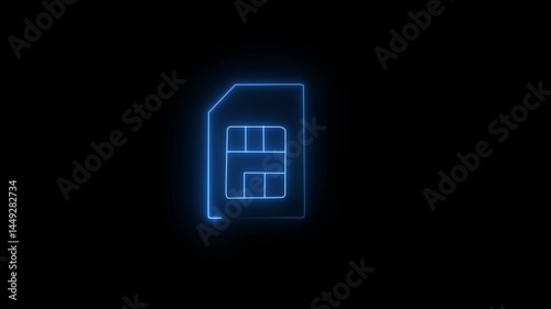 4k video Sim Card neon sign appear icon center. Animated neon icon on black background. 
