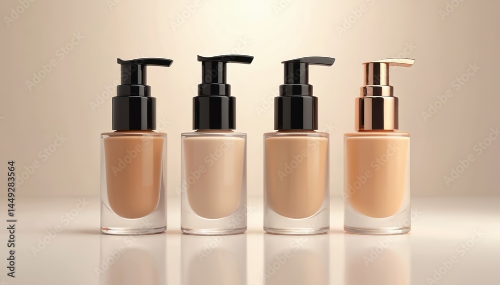 Makeup foundation glass bottles mockup. Blank cosmetic packaging templates. Black, silver, gold pump caps. Liquid tone products in bottles. Beauty industry items, skin care, face makeup advertising.