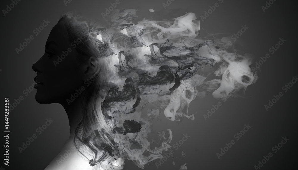 Fototapeta premium Silhouette of a Woman Dissolving in Smoke: A Hauntingly Beautiful Metamorphosis of Thought