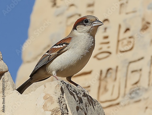 A sparrow stands perched on a sunlit stone structure, a background shows ancient engraved symbols photo