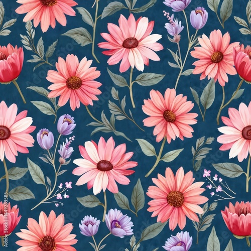 Obraz na płótnie Floral pattern design features pink flowers, green leaves on dark blue background. Summer textile decoration with botanical blossom. Suitable for wallpaper, fabric printing, wrapping paper, design. w salonie