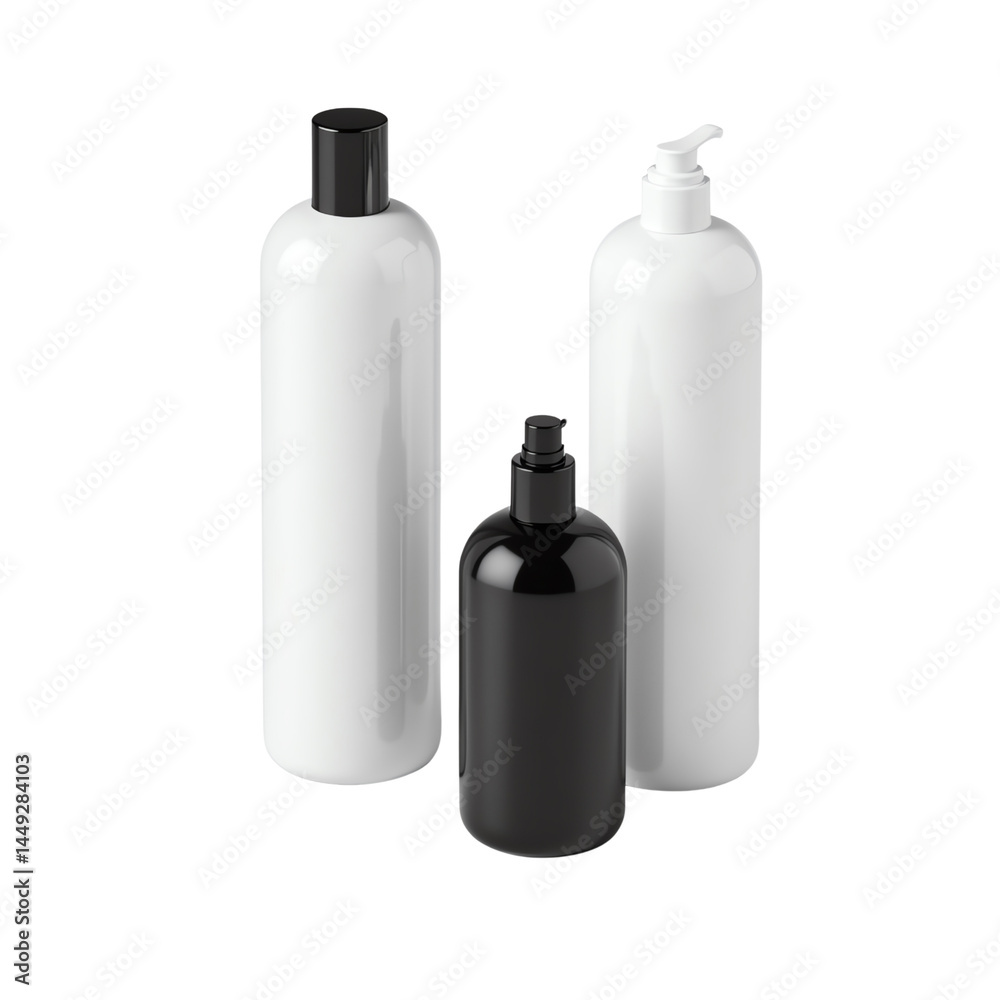 Three sleek, modern cosmetic bottles in black and white. Three sleek, modern cosmetic bottles in black and white.