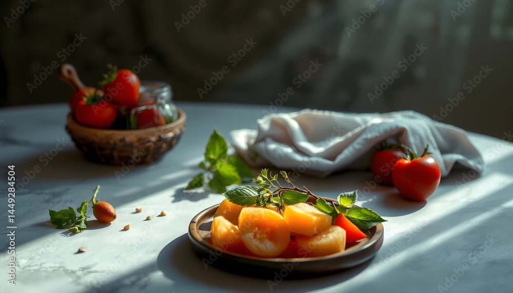 Fresh plate of ripe tomatoes and fragrant basil with dramatic lighting for culinary art Fresh plate of ripe tomatoes and fragrant basil with dramatic lighting for culinary art