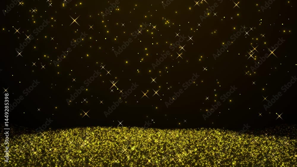 Glitter and stars falling on sparkling gold glitter background