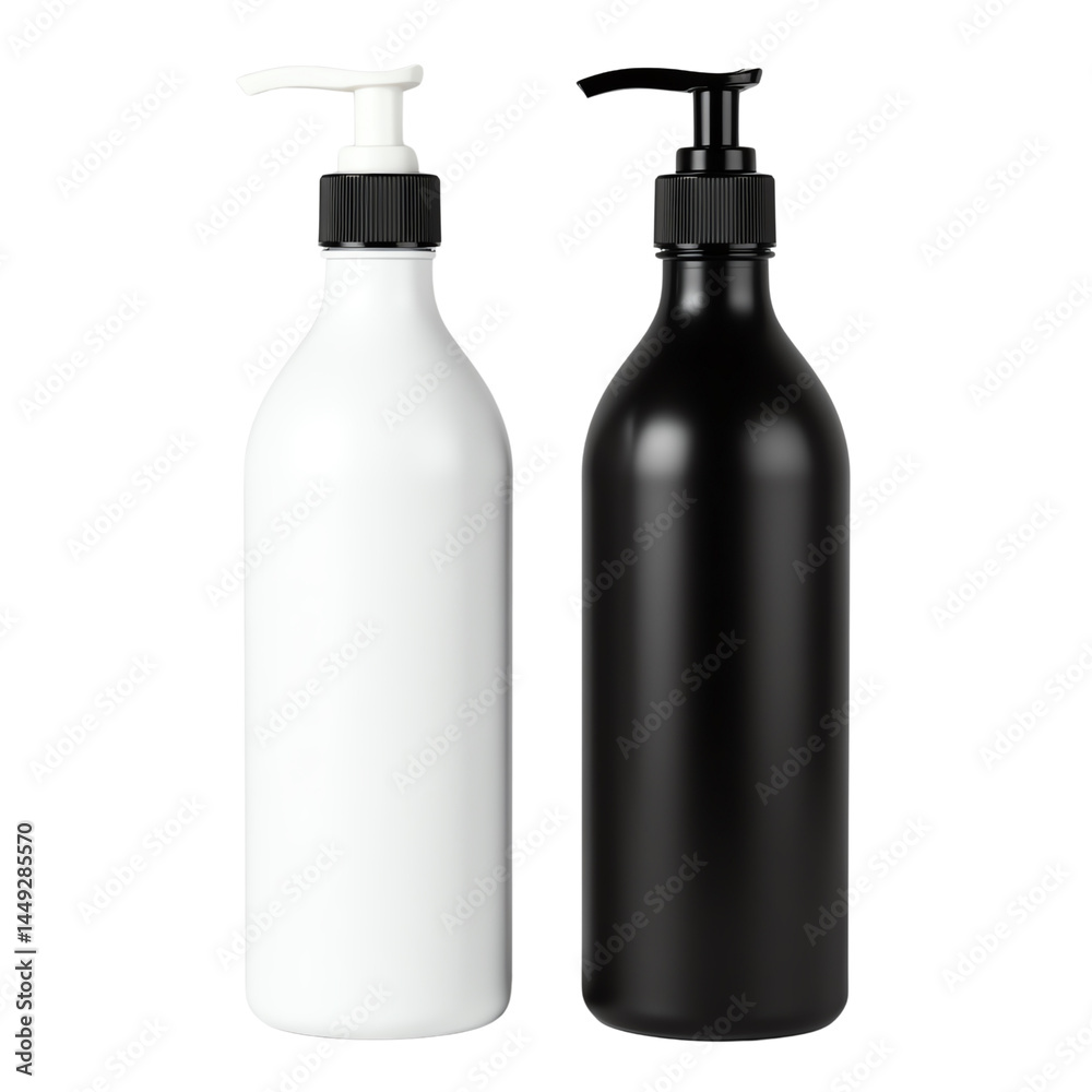 Elegant black and white pump bottles displayed. Elegant black and white pump bottles displayed.