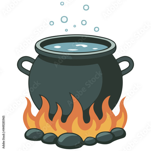 Camping pot boiling over bonfire isolated vector illustration on white background