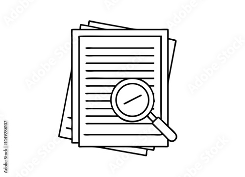 Illustration of Document Stack with Magnifying Glass – Symbolizing Information Analysis and Content Scrutiny in Minimalist Style