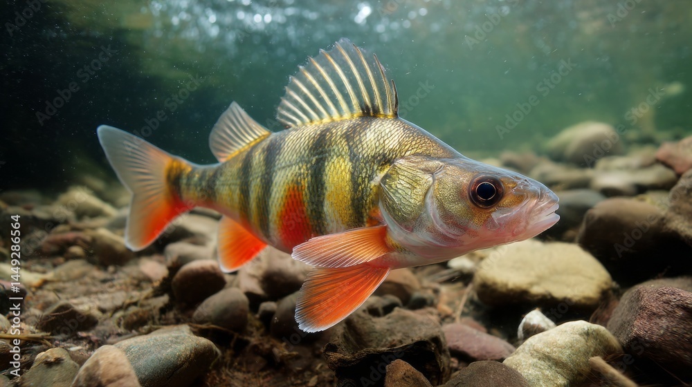 Fototapeta premium perch fish swimming in freshwater with its striped pattern.