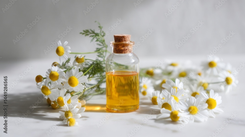 Chamomile oil bottle surrounded by chamomile flowers. Chamomile oil bottle surrounded by chamomile flowers.
