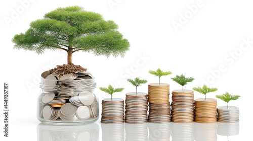 Growing investment, coins stacked, money tree