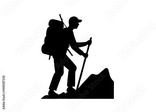Silhouette of a Hiker Ascending Rocky Terrain – Outdoor Adventure Scene Featuring Backpack and Trekking Pole