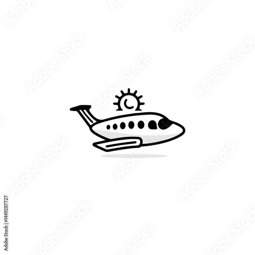 Airplane icon flying under sun, travel essentials concept