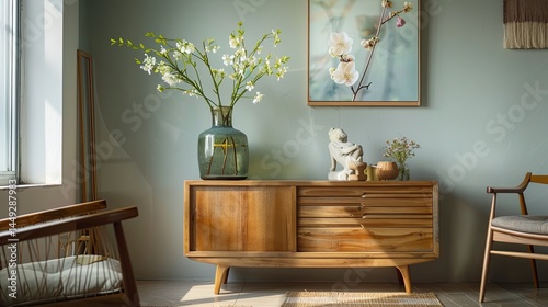 Salon confortable et Ã©lÃ©gant avec une maquette d'affiche, une console en bois, des fleurs dans un vase, des Ã©lÃ©ments de dÃ©coration et des accessoires personnels. Maison moderne 