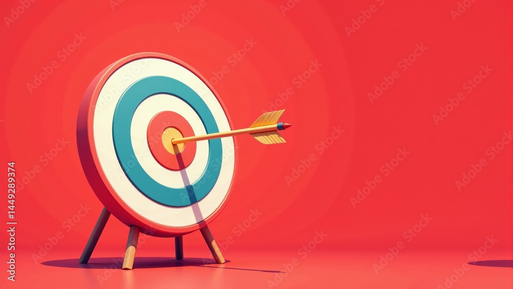 Arrow Hitting Target Against Red Background Arrow Hitting Target Against Red Background