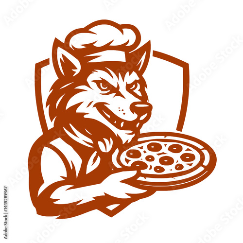 Wolf Chef Holding Pizza Logo Vector – Mascot Style Illustration for Pizzeria or Restaurant