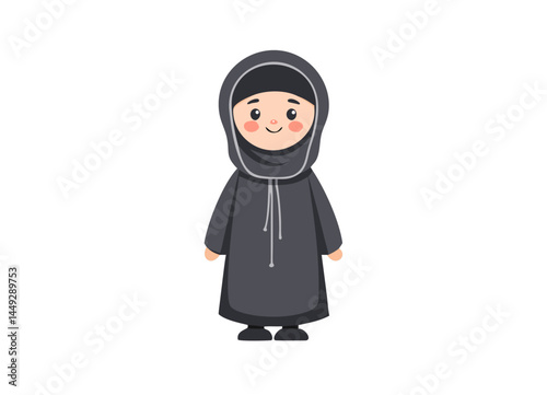 Cartoon Character in Gray Modest Attire – Minimalist Design Featuring Traditional Clothing with Headscarf and Shoes