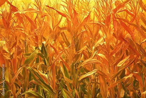 Dense maize field featuring golden corn stalks, tassels, and green leaves