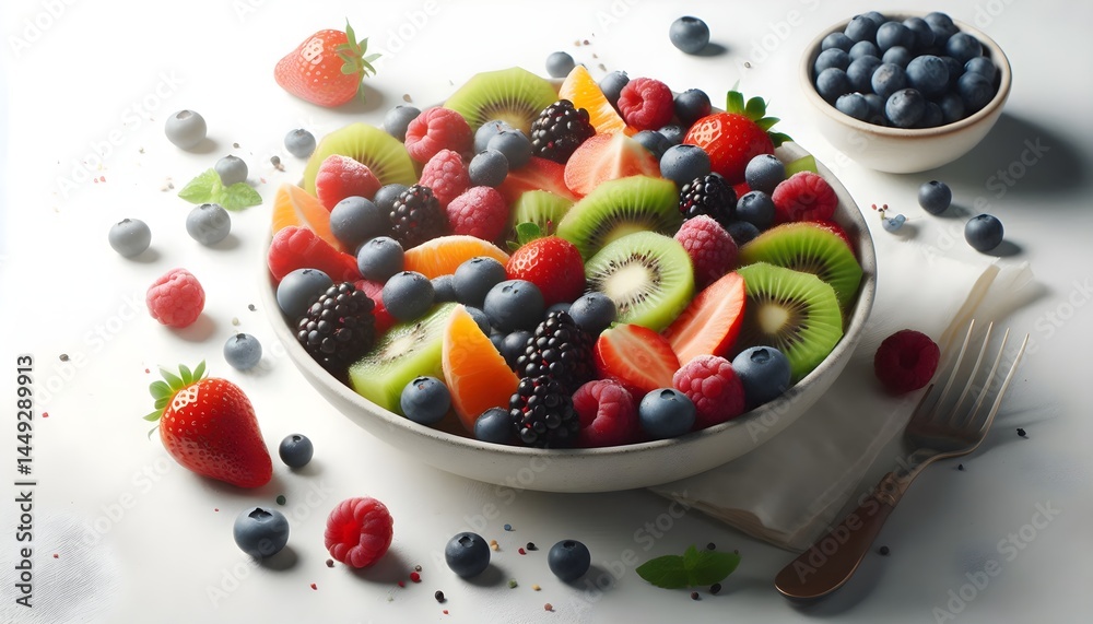Healthy mixed fruit salad made with strawberries, blueberries, and kiwi served in high-quality isolated mockup photo without logos Healthy mixed fruit salad made with strawberries, blueberries, and kiwi served in high-quality isolated mockup photo without logos