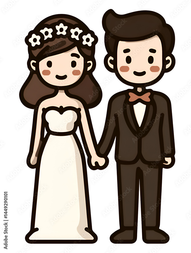 Fototapeta premium Minimalist Bride and Groom Cartoon Icon – Elegant Black and White Wedding Couple Illustration for Invitations, Planners, Greeting Cards, Websites, and Event Branding.