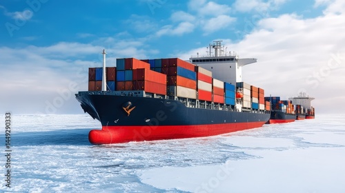 A large cargo ship navigates through icy waters, loaded with colorful shipping containers under a bright blue sky.