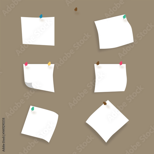 Stickers attached with a pushpin. A collection of note paper sheets with a dog-eared corner, ready for your message.