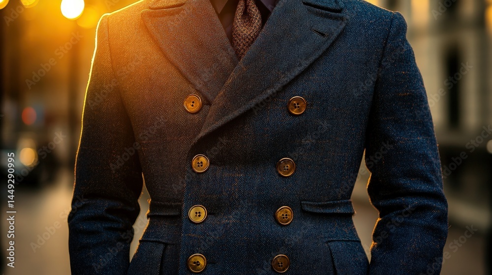 custom made wallpaper toronto digitalCloseup of a man's navy double-breasted coat.