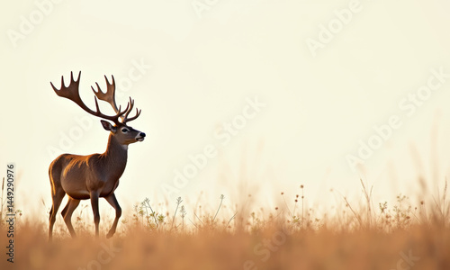 Majestic Red Deer Stag in Golden Field - Golden Hour/Warm Lighting