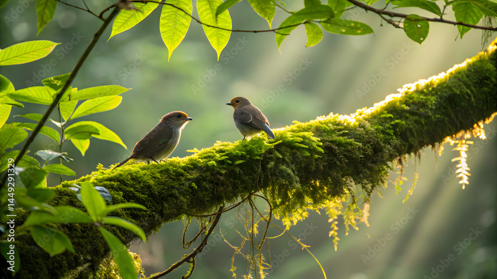 Fototapeta premium Two birds on mossy tree branch with sunlight