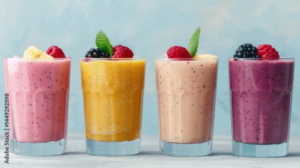 Colorful Layered Fruit Smoothies in Tall Glasses with Fresh Berries and Mint Garnishes on Light Blue Background Colorful Layered Fruit Smoothies in Tall Glasses with Fresh Berries and Mint Garnishes on Light Blue Background