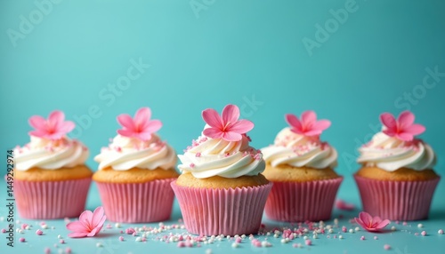 Festive cupcakes with spring flowers, sprinkles on blue background. Sweet dessert treat for party celebration, birthday or other special occasion. Delicious baked pastry with cream frosting.