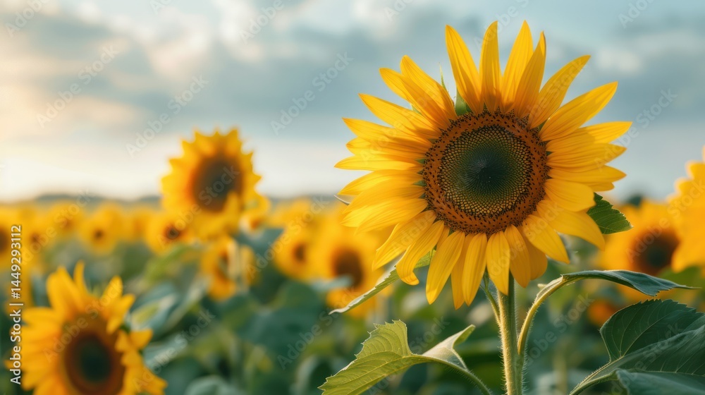 Wide-angle view of a vibrant sunflower field under blue sky with fluffy clouds du daytime, showcasing lush green leaves and bright yellow blossoms in full bloom Wide-angle view of a vibrant sunflower field under blue sky with fluffy clouds du daytime, showcasing lush green leaves and bright yellow blossoms in full bloom