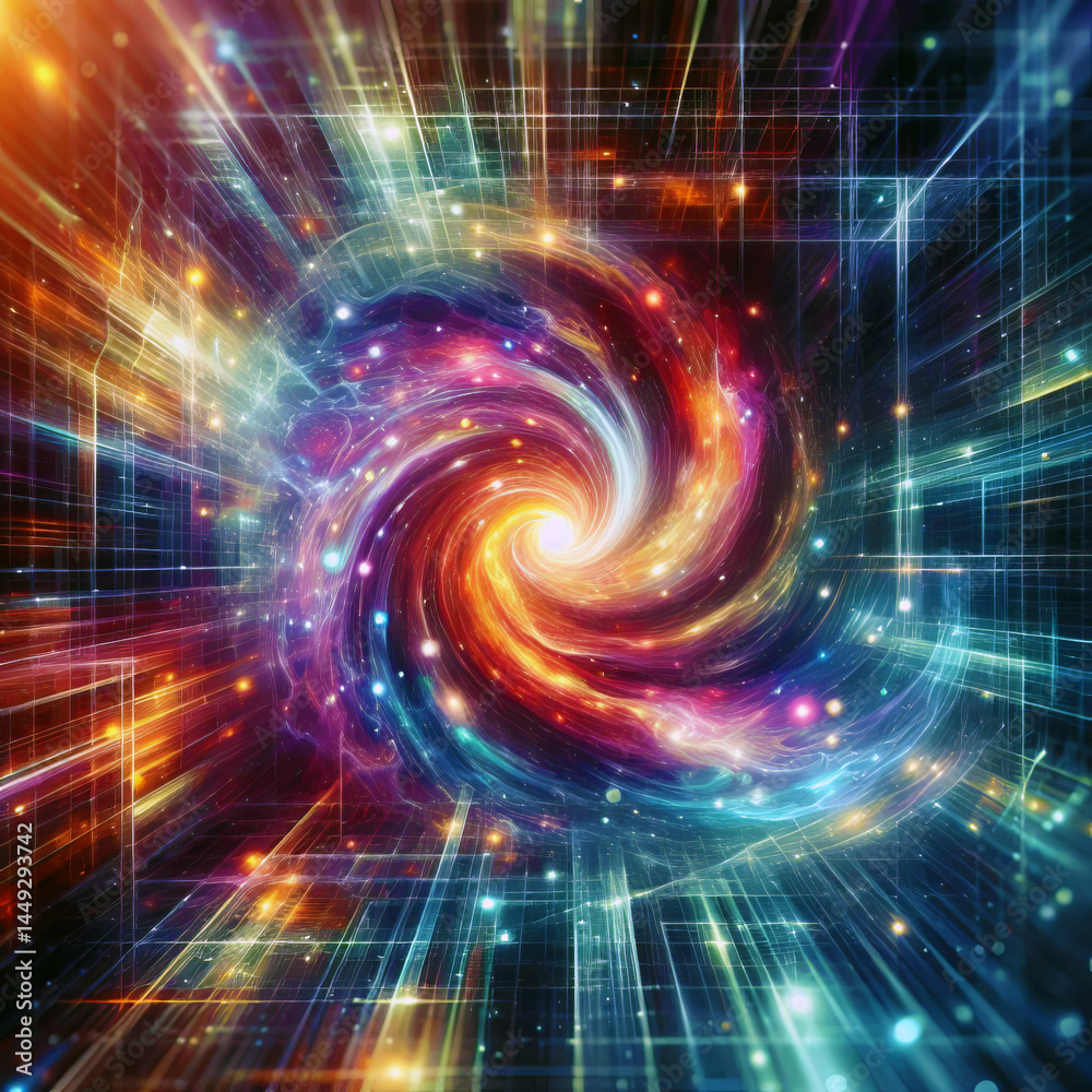 Obraz premium Abstract Sci-Fi Energy Background - Cosmic Swirls & Distorted Grids Texture