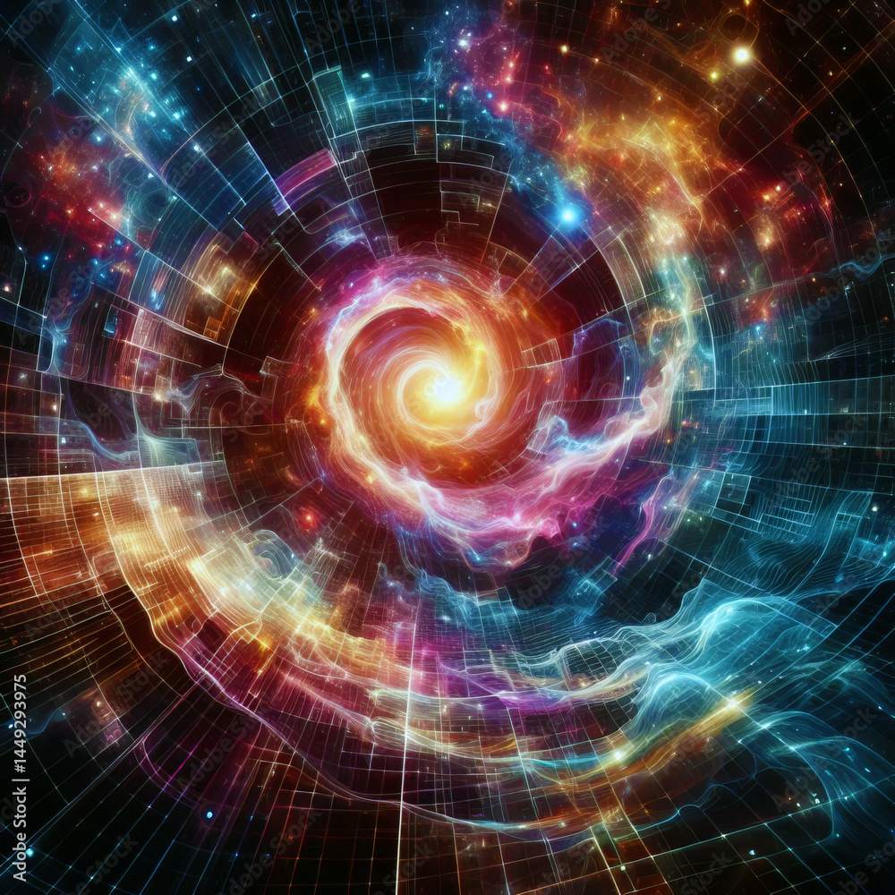 Fototapeta premium Abstract Sci-Fi Energy Background - Cosmic Swirls & Distorted Grids Texture