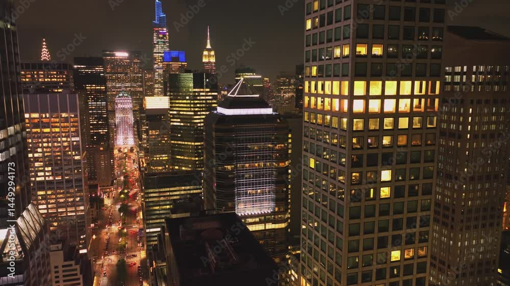 Manhattan With Busy Car Traffic At Night
