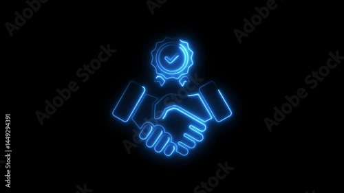 Animated blue neon handshake with quality approved badge on black background