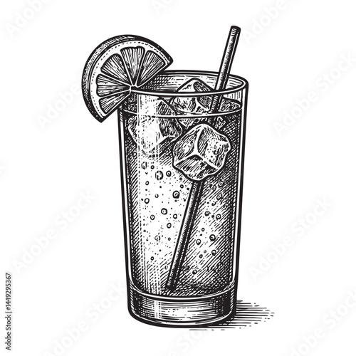 Tom collins cocktail woodcut engraving vector illustration