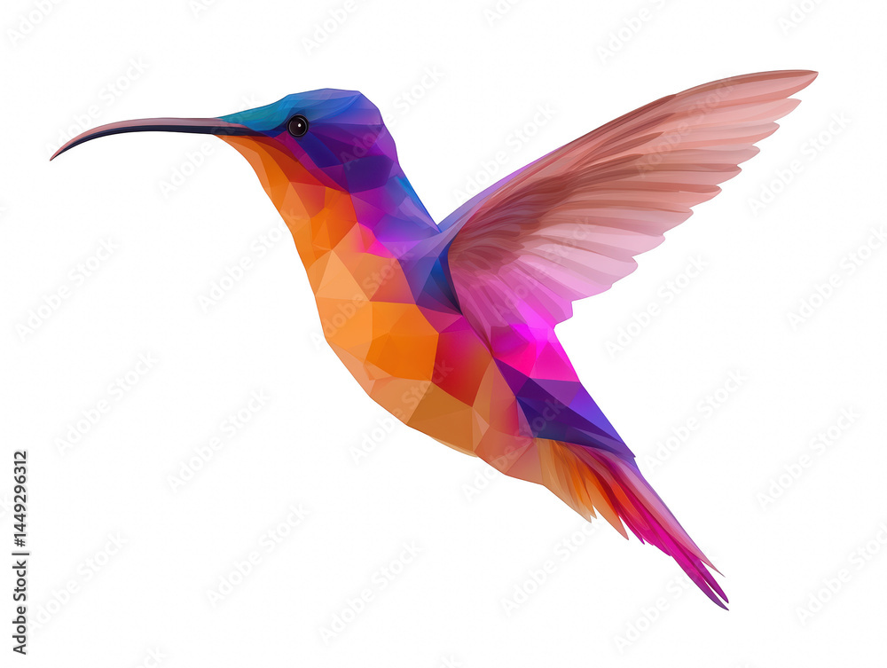 Obraz premium Vibrant low poly hummingbird illustration showcasing colorful geometric design with detailed wings, long beak, and dynamic flying pose in digital art style
