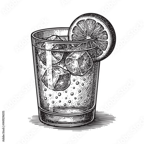 glass of Gin and tonic woodcut engraving vector illustration