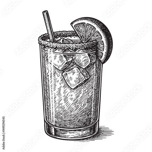 glass of Paloma cocktail, woodcut engraving vector illustration