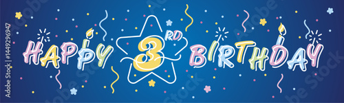 Happy 3rd Birthday handwritten bold typography lettering with white neon outline. Colorful greeting card vector illustration with confetti, ribbons, sparkle firework, candle on blue background