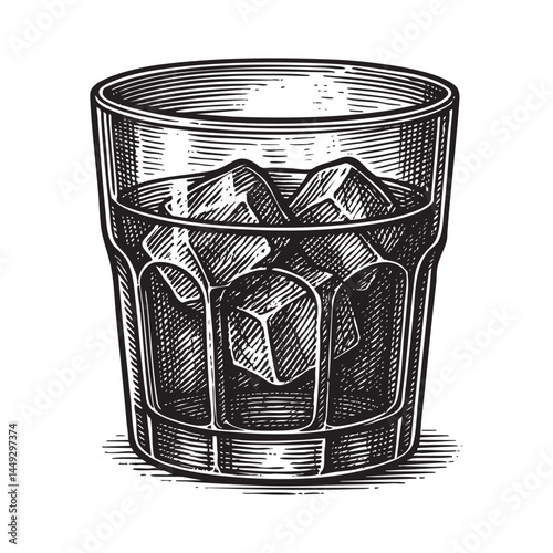 whiskey glass Old fashioned woodcut engraving vector illustration
