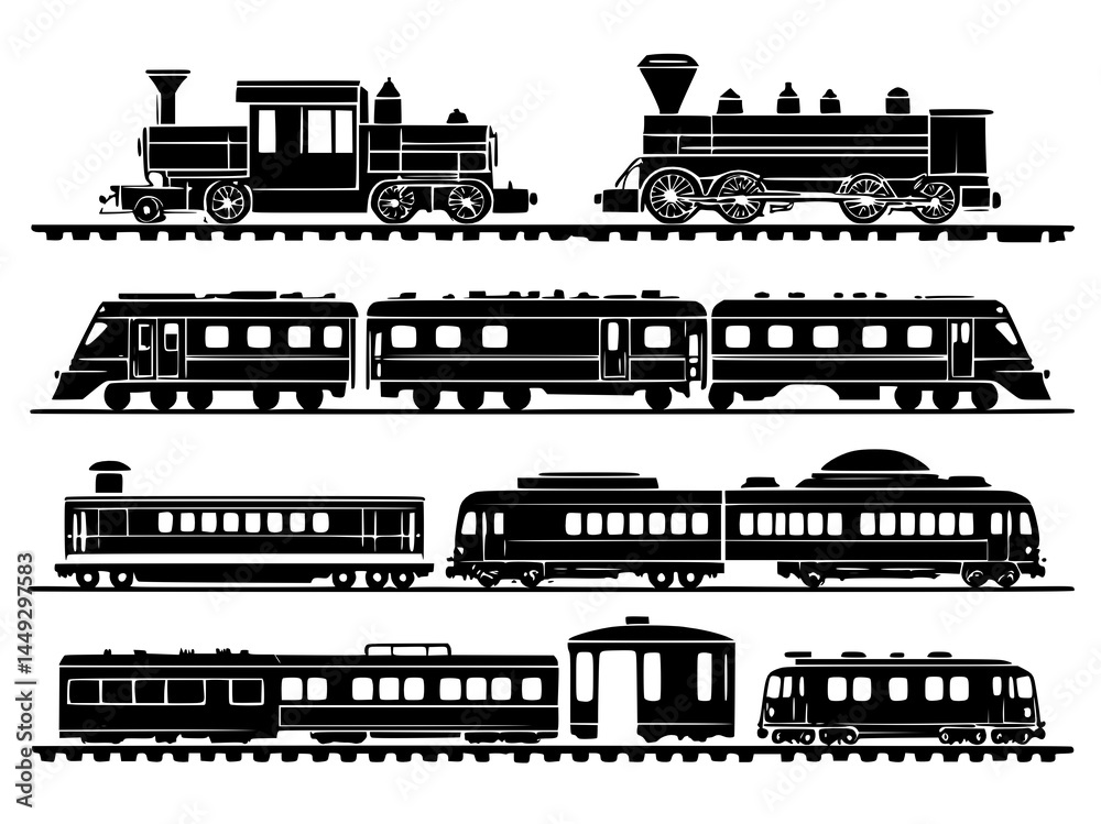 set of train, railway, train. black and white illustration