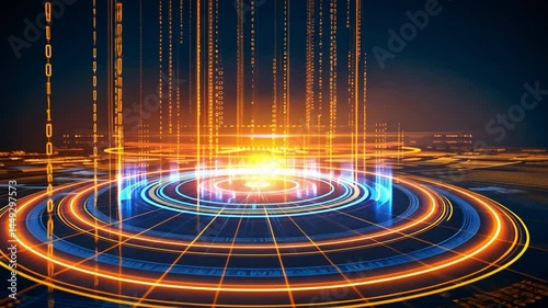 Wallpaper Mural Vibrant Digital Innovation Glowing Circular Patterns and Binary Energy in Bright Colors, Showcasing Technology Advancement and Dynamic Movement. Torontodigital.ca