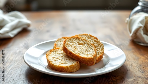 Artfully sliced crusty baguette beautifully arranged on a table for a rustic setting photo