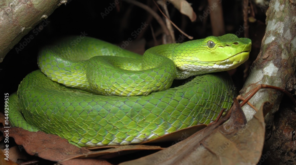 Emerald Viper Coiled in Forest Shade Emerald Viper Coiled in Forest Shade