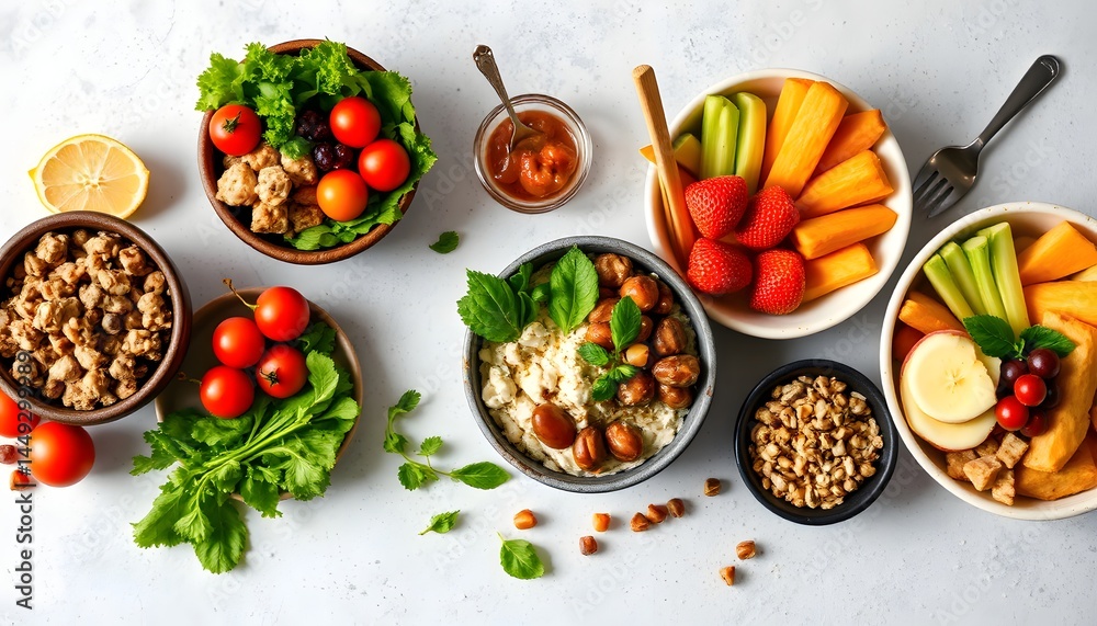 Fresh meal bowls with assorted food on a table ready for enjoyment with copy space for text Fresh meal bowls with assorted food on a table ready for enjoyment with copy space for text