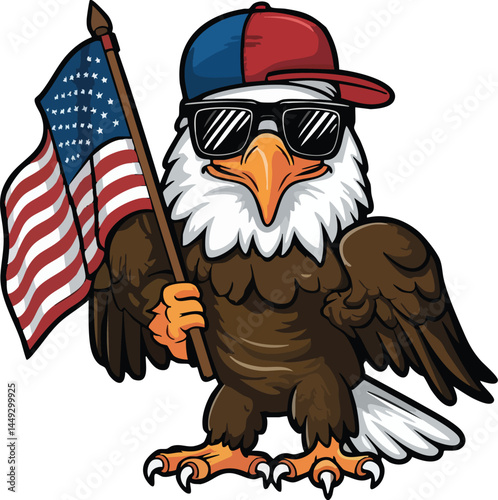 Patriotic Eagle Cartoon Waving American Flag