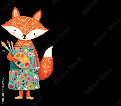Cute fox artist holding paintbrushes and palette.  A charming illustration of a fox wearing an apron adorned with flowers, holding paintbrushes and a palette filled with vibrant colors